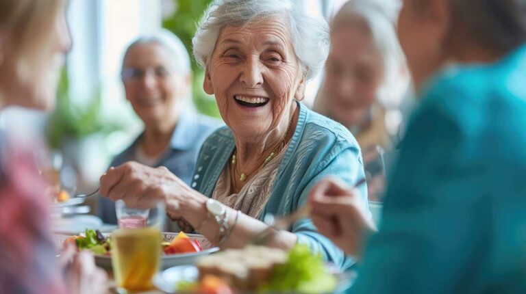 Older adult and caregiver discussing a daily care plan in a bright assisted living apartment.