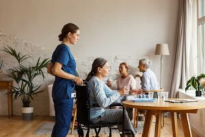 Older adult and family member reviewing daily care needs at a kitchen table.